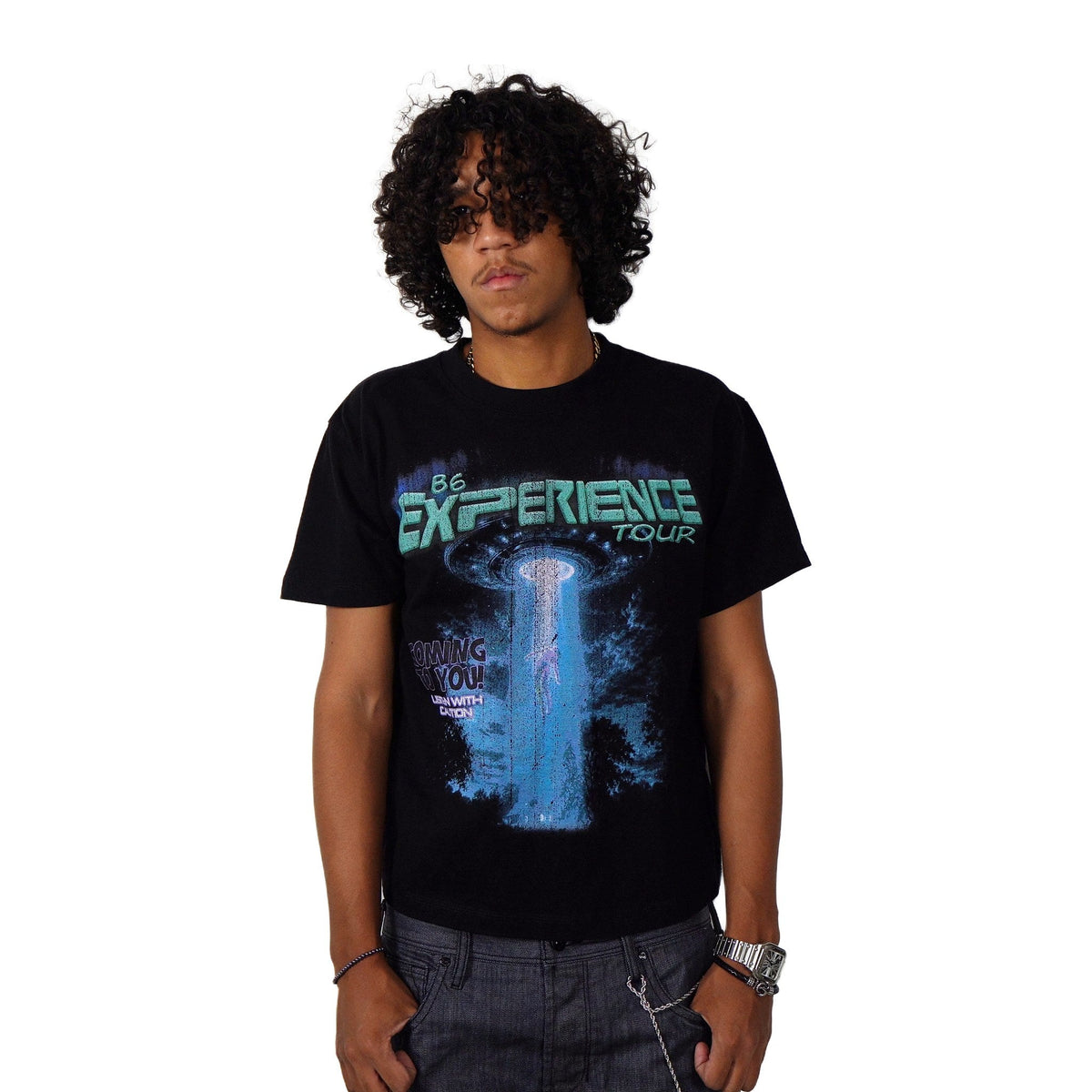 LISTENWITHCAUTION TEE on model, front